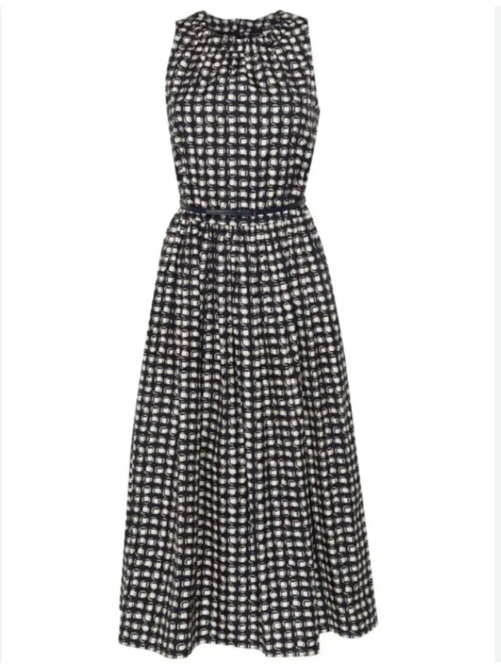 MaxMara Navy/Cream Elegant Poplin Gina Fit & Flare Geo Pattern Dress Size US 6